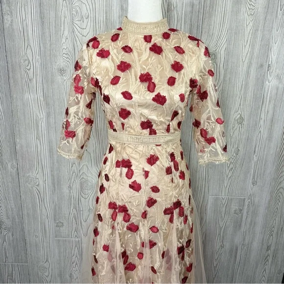boutique floral embroidered midi dress M vintage look victorian fit & flare NWOT - Picture 4 of 12